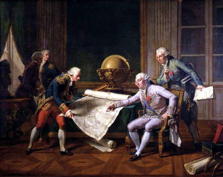 Louis XVI donne ses instructions au Capitaine de Vaisseau de Lapérouse pour son voyage d'exploration autour du monde (1er août 1785 - mars 1788). Peinture de Nicolas Monsiaux (Paris 1754 Paris 1837); Musée de Versailles.